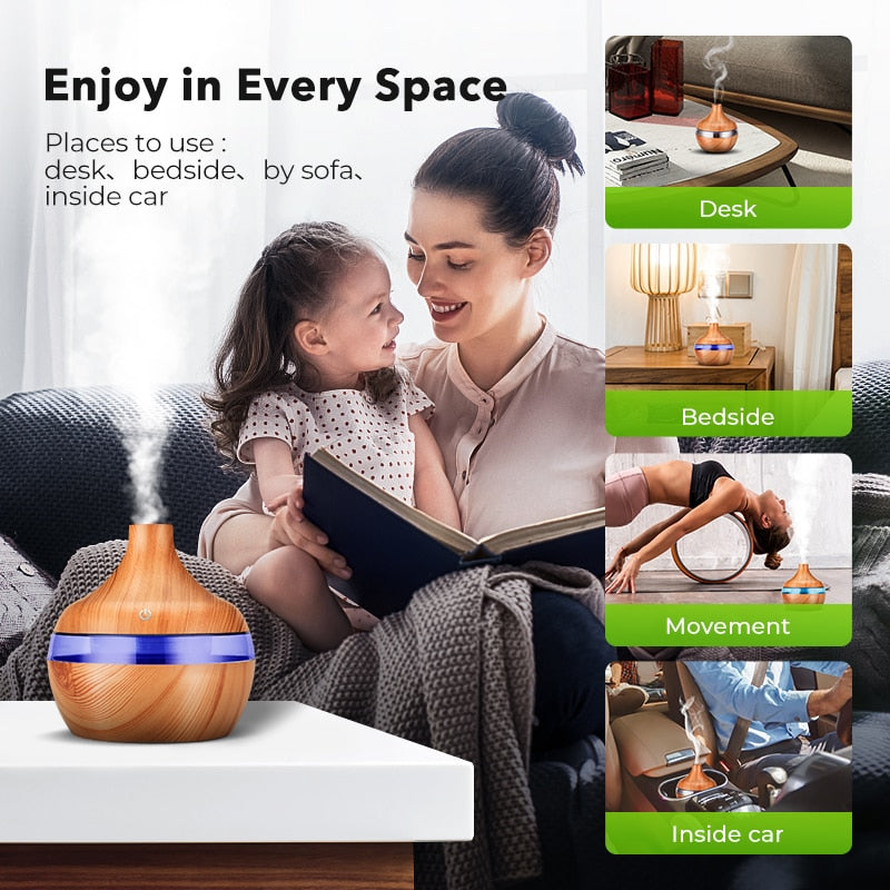 saengQ Electric Air Humidifier Essential Aroma Oil Diffuser Ultrasonic Wood Grain Humidifier USB Mini Mist Maker LED Light