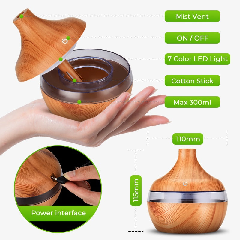 saengQ Electric Air Humidifier Essential Aroma Oil Diffuser Ultrasonic Wood Grain Humidifier USB Mini Mist Maker LED Light