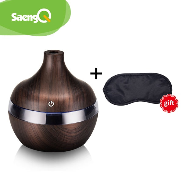 saengQ Electric Air Humidifier Essential Aroma Oil Diffuser Ultrasonic Wood Grain Humidifier USB Mini Mist Maker LED Light