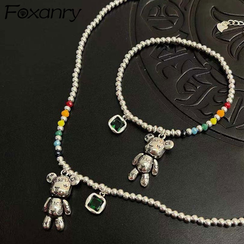 FOXANRY Stamp Necklace Bracelet Jewelry Trend Simple String of Beads Design Bear Zircon Pendant Party Jewelry