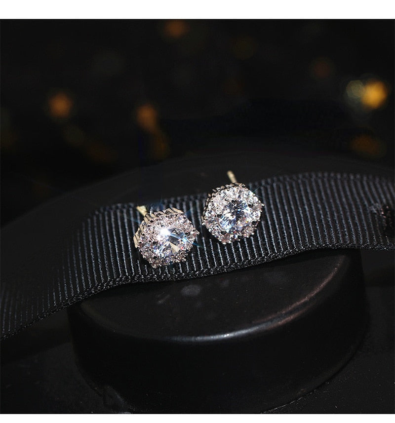 Silver Color Simple Round Bling CZ Zircon Stone Stud Earrings Fashion Jewelry Korean Earrings for Women Girl 2022 New